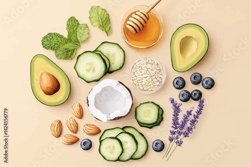 Flat vector composition of natural ingredients arranged in circular layout. Perfect for eco product labels, cosmetic packaging, and organic food branding