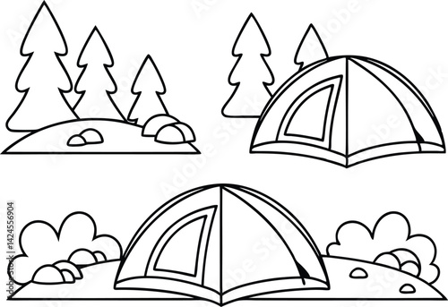 Camping Tents amid Trees Outline, Line Art on Transparent Background Clipart