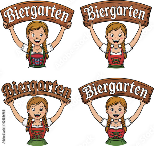 Biergarten Girl Clipart Set – Oktoberfest Sign with German Woman vector Illustration