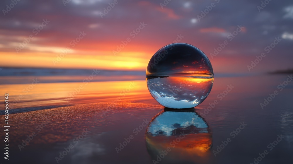 Stunning Sunset Reflected in Crystal Ball on Sandy Beach at Dusk Stunning Sunset Reflected in Crystal Ball on Sandy Beach at Dusk
