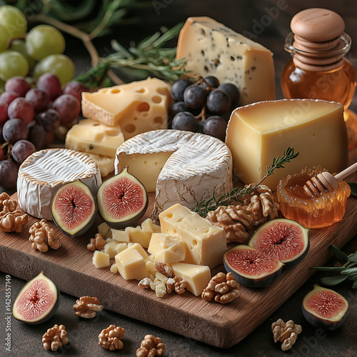 Cheese board on a rustic wooden slab.