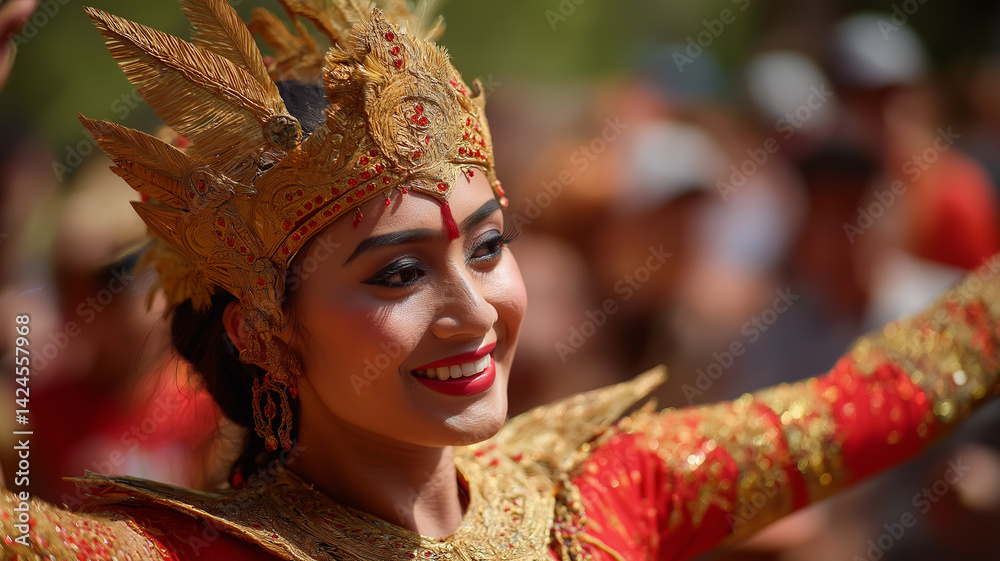 Balinese dancer in traditional costume, caught mid-performance on outdoor stage, audience blurred behind Balinese dancer in traditional costume, caught mid-performance on outdoor stage, audience blurred behind