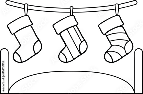 Hanging stockings on bed outline for coloring page design