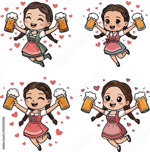 Cute Oktoberfest Girl Clipart – Beer, Hearts & Dirndl Dress vector Illustration