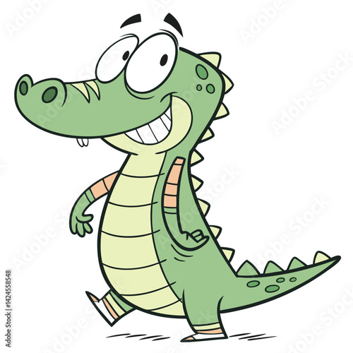 A cute green cartoon reptile, possibly a funny alligator or smiling crocodile character, rendered as a vector illustration