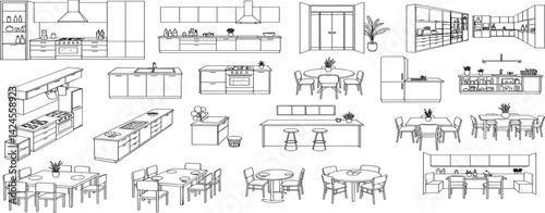 Kitchen and dining room furniture top view. Set of architectural elements for interior design of house, apartment, office. Interior icon, equipment, tables, chairs, sink. Furniture symbol set. 