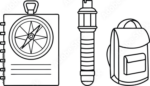 Backpack, Water Canteen, Compass Notebook With Lines On White Background Outlines