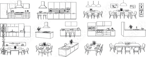 Kitchen and dining room furniture top view. Set of architectural elements for interior design of house, apartment, office. Interior icon, equipment, tables, chairs, sink. Furniture symbol set. 