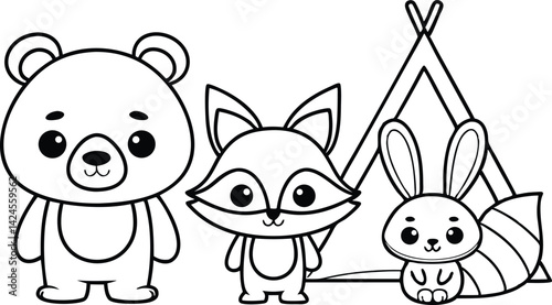 Line art cute bear, fox, rabbit stand by teepee on transparent background design