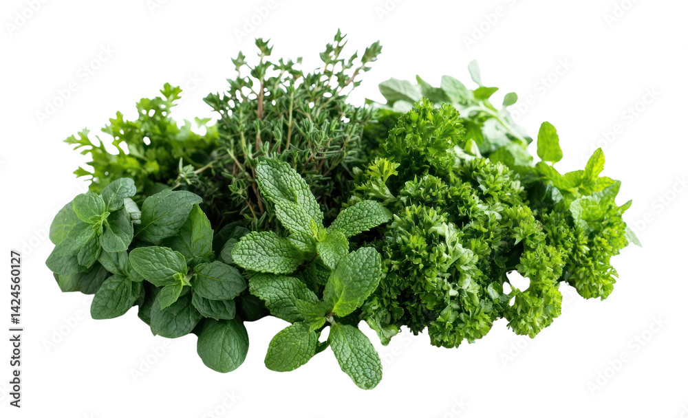 PNG A pile of fresh herbs parsley mint plants.
