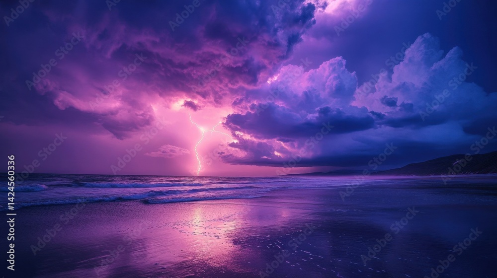 Fototapeta premium A stunning lightning storm over the ocean with purple skies and reflective waters at dusk, creating a magical scene of nature’s power.
