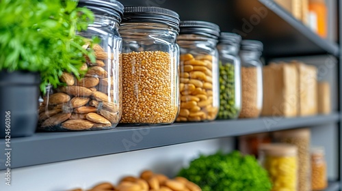 Minimalist kitchen with reused containers and bulk food storage representing eco-conscious and frugal living habits.