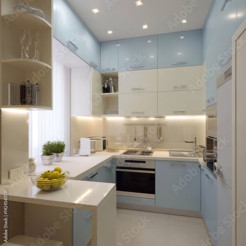 Stylish, compact kitchen with pastel blue and cream cabinets.