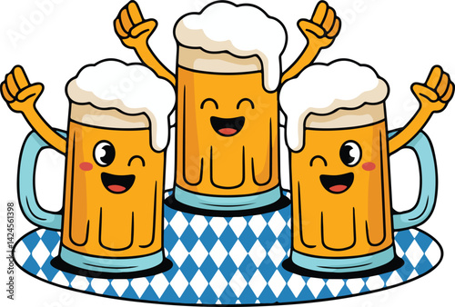 Three Happy Beer Mugs Cartoon on Bavarian Pattern Tray Vector Art

