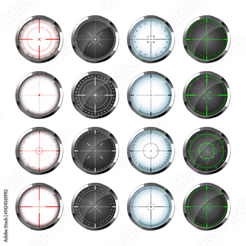 Chrome weapon sights, sniper rifle optical scopes. Hunting gun viewfinder with crosshair. Aim, shooting mark symbol. Military target sign, silhouette. Game interface UI element. Vector illustration