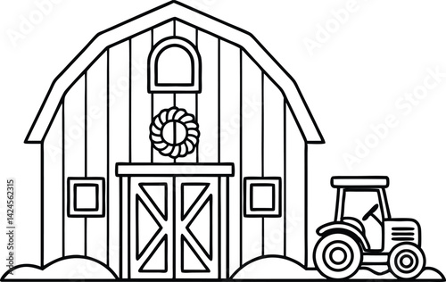 Farmhouse with Tractor Outlines, Country Barn With Wreath Isolated on White