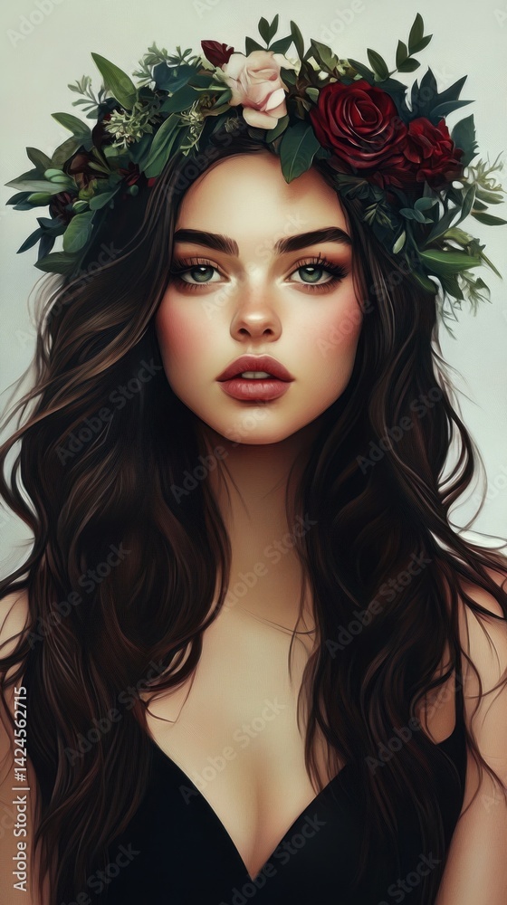 Fototapeta premium Woman, dark hair, floral crown, bouquet, beauty.