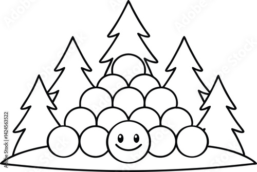Outlined Christmas Trees and Snowballs with Smile in Landscape