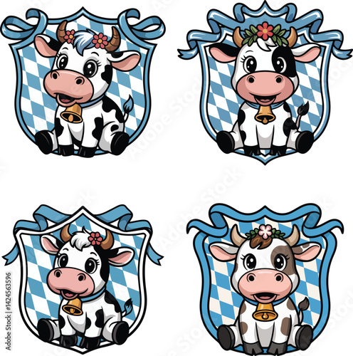 Cute Bavarian Cow Clipart Set – Oktoberfest Cartoon Animal Illustrations

