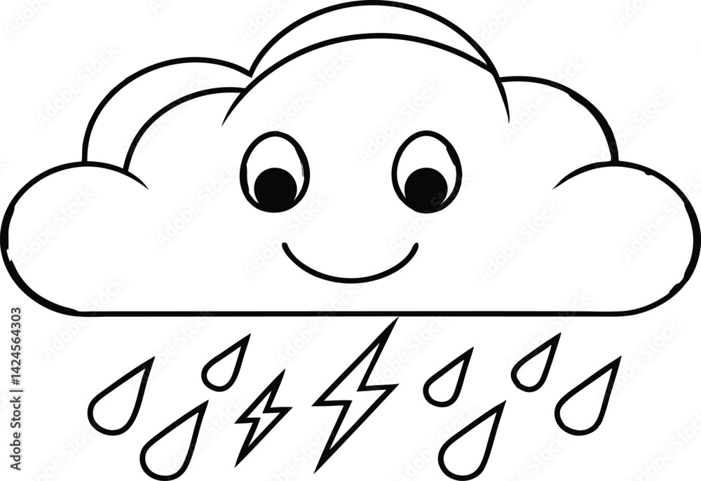 Outline of Weather Cloud with Raindrops and Lightning Bolts with Transparent Background Outline of Weather Cloud with Raindrops and Lightning Bolts with Transparent Background