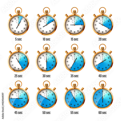Realistic classic stopwatch. Shiny golden metal chronometer, time counter with dial. Blue countdown timer showing minutes and seconds. Time measurement for sport, start, finish. Vector illustration