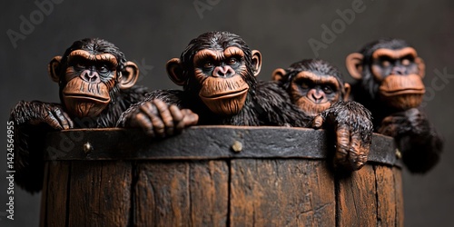 barrel of monkeys - wooden barrel filled with simian primate friends
