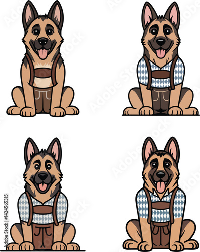 Dancing German Shepherd Cartoon in Lederhosen – Bavarian Dog Mascot Vector