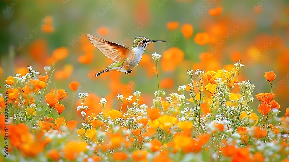 Obraz premium Hummingbird hovering over vibrant orange flowers