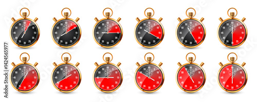 Realistic classic stopwatch. Shiny golden metal chronometer, time counter with dial. Red countdown timer showing minutes and seconds. Time measurement for sport, start, finish. Vector illustration