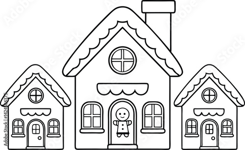 Outlined Gingerbread House with Figures on Transparent Background