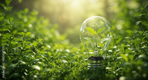 A vibrant green leaf sprouting inside a transparent lightbulb resting among lush grass under warm sunlight, symbolizing renewable energy, eco-friendly innovation, and sustainable development.

