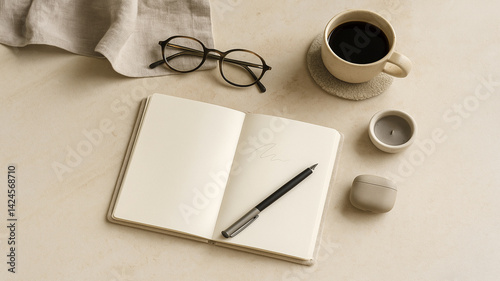 Quiet Luxury Workspace in Creative Process with Eyeglasses and Coffee