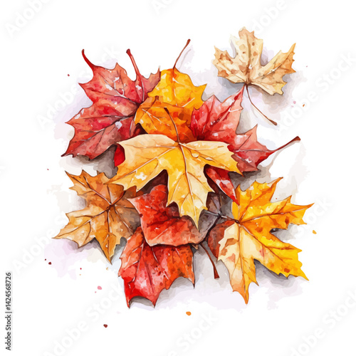 Wet autumn leaves scattered on the ground after rain, watercolor illustration, isolated on a white background.

