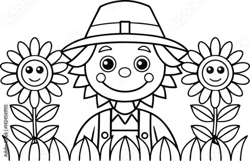Outline Scarecrow with Hat, Overalls and Sunflowers Cartoon on White Background