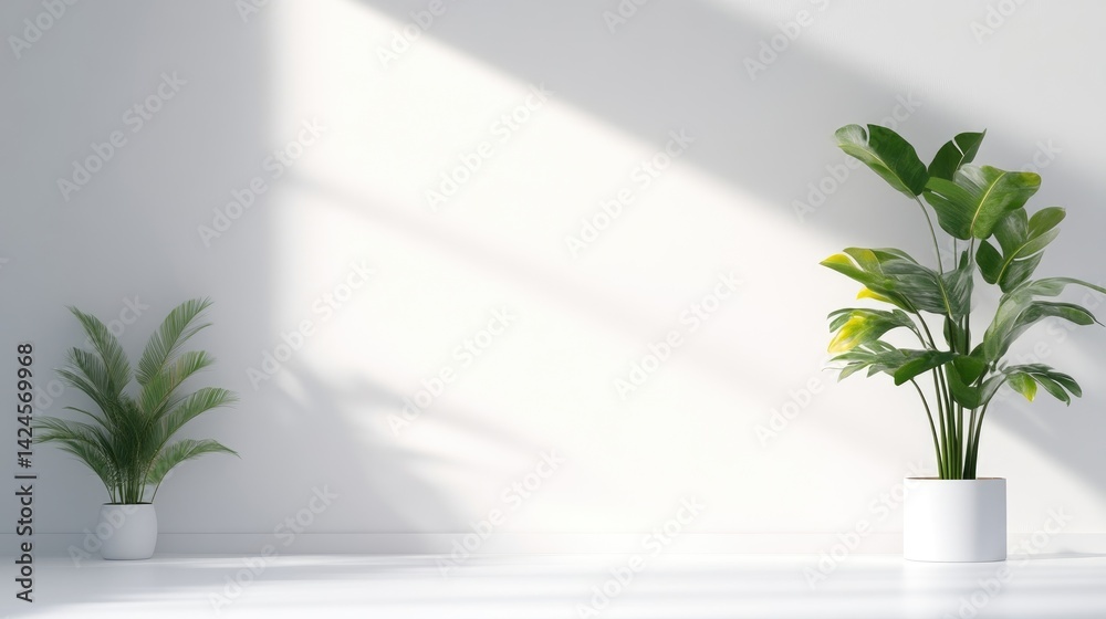 Two potted plants placed in a minimalist white room with sunlight casting soft shadows, and creating a serene and modern indoor environment. Two potted plants placed in a minimalist white room with sunlight casting soft shadows, and creating a serene and modern indoor environment.