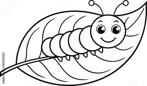 Caterpillar on Leaf Smiling Line Art Illustration, Smiling Bug, Crawling Worm, Cute