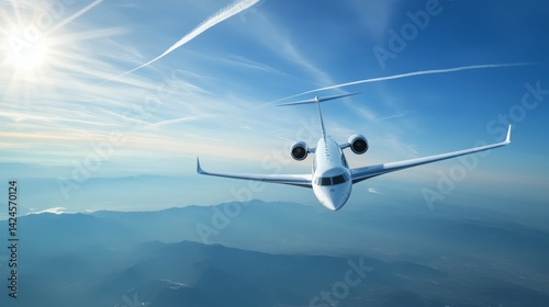 White aircraft flies at distance in clear blue sky with contrails. Panoramic view of airplane in flight. Condensation trails stream behind jet in blue sky