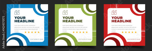 Set of social media post template design for quote, tips, and customer review. Square banner with different color scheme.