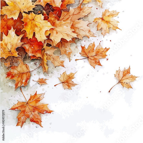 Wet autumn leaves scattered on the ground after rain, watercolor illustration, isolated on a white background.


