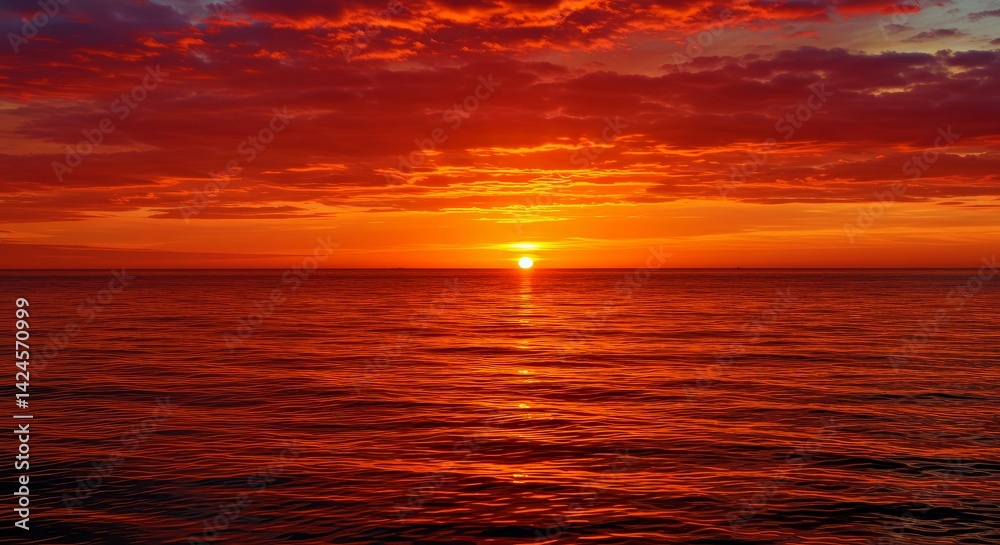 Obraz premium Serene Ocean Sunset Scene with Shimmering Water Reflections and Gold Crimson Glowing Clouds Seascape