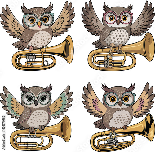 Cartoon Owl Playing Tuba Clipart – Musical Bird Character Illustration