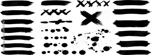 Paint brush, ink splatter, crosses, stains and paint strokes. Set of ink grunge paintbrush strokes and splash of paints. Artistic textures collection. Dirty vector design elements