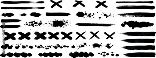 Paint brush, ink splatter, crosses, stains and paint strokes. Set of ink grunge paintbrush strokes and splash of paints. Artistic textures collection. Dirty vector design elements