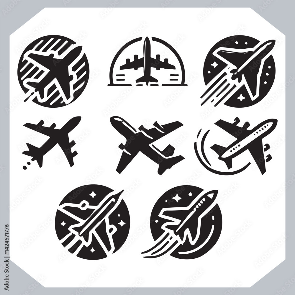 Minimal Airplane Silhouettes Icon for Tourism and Transport Website Design