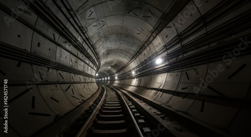 Curved underground railway tunnel with dim lighting and metal tracks