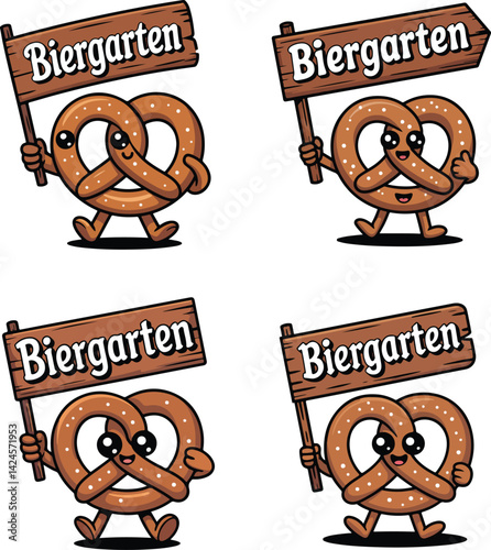 Cute Pretzel Mascot Holding Biergarten Sign – Oktoberfest Clipart