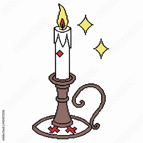 Pixel art, white candle, ornate candlestick holder