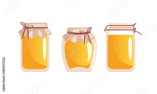 A vector illustration of honey jars of various shapes and sizes, each filled with golden, shiny honey. The jars are decorated with canvas fabric and rustic twine, showcasing their artisanal appeal.