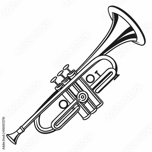 Trumpet illustration, black and white line drawing, detailed instrument sketch