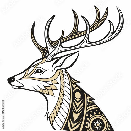 Stylized deer head illustration, intricate geometric patterns,